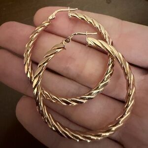 Tested low karat gold rose gold large twisted hoop earrings 1.5”+ made in Italy